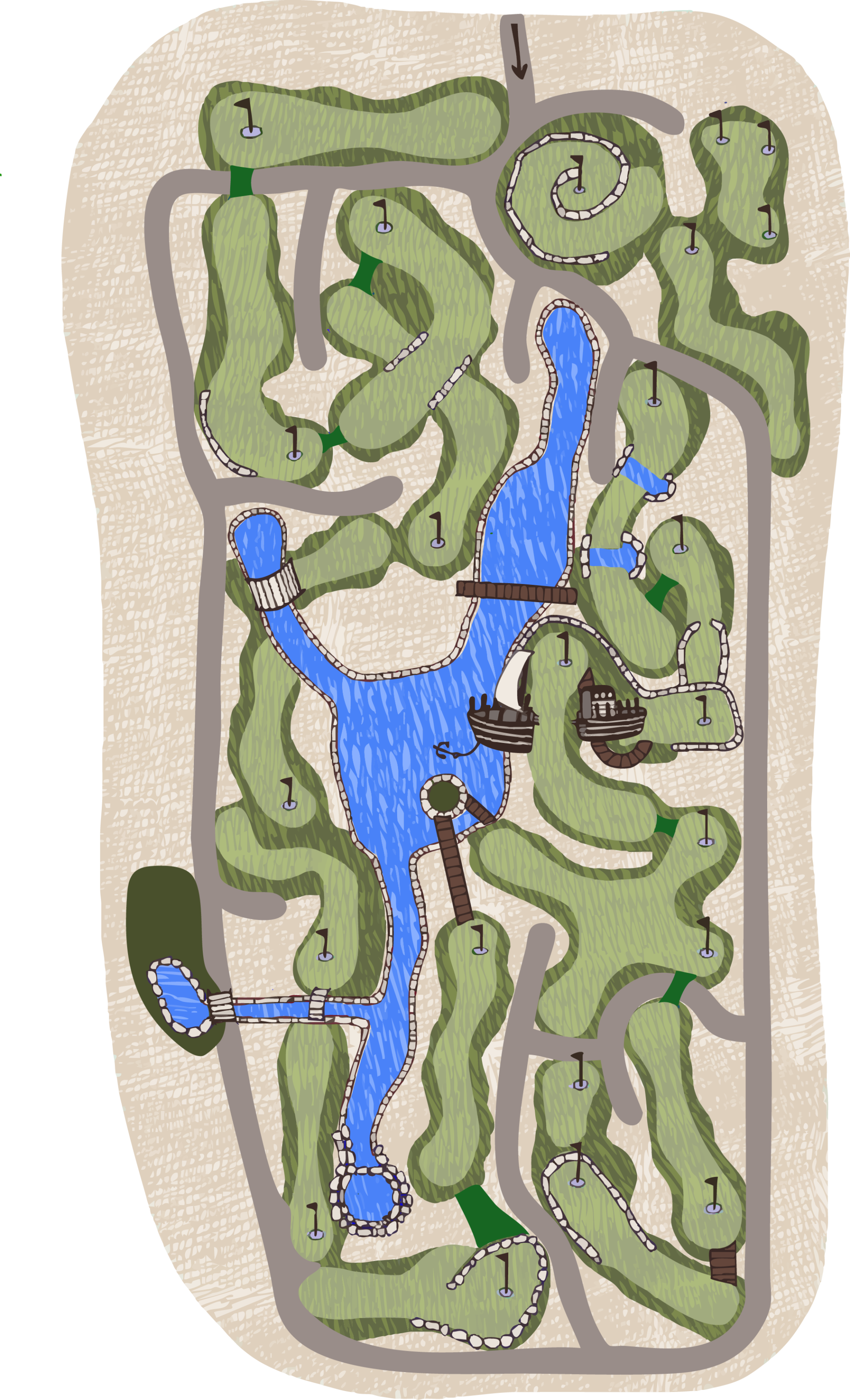 Kursplan der Adventuregolf Anlage in Hooksiel mit Übersicht der einzelnen Spielbahnen